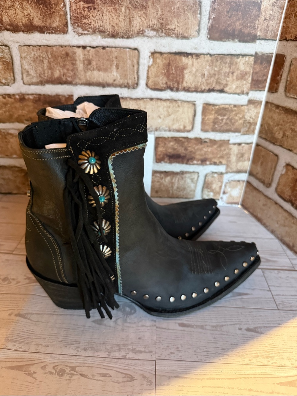 Double D Ranch Black Leather Western Fringe Ankle Boots with Turquoise Accents - Picture 4 of 11